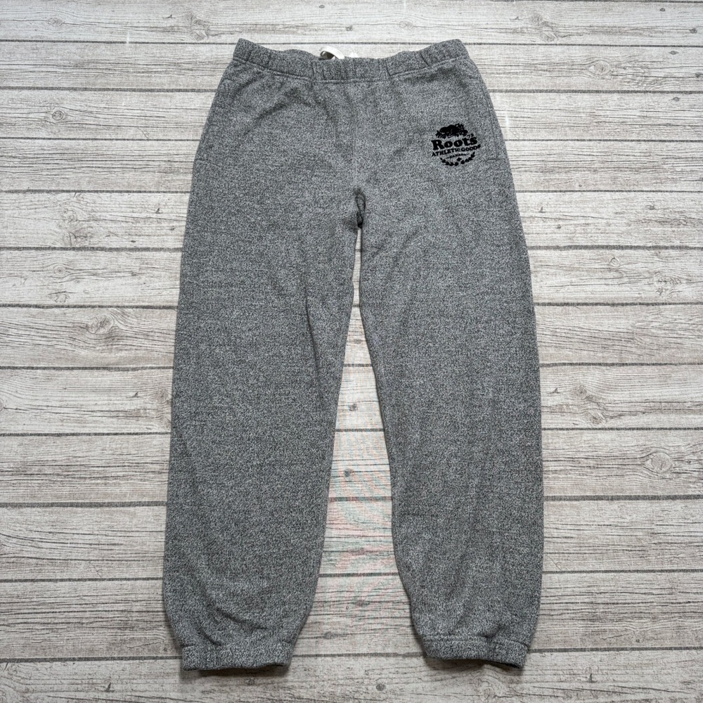 Roots Sweatpants Men's Large Gray Salt and Pepper Athletic Fleece Lined Lounge